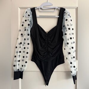 Black Bodysuit with Polka Dot Sheer Sleeves